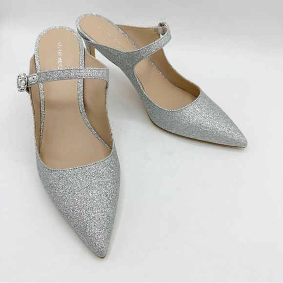 NEW‎ Stuart Weitzman Silver Shimmery Mule Heels Pearl Buckle Accent Size 9.5 - Picture 5 of 12